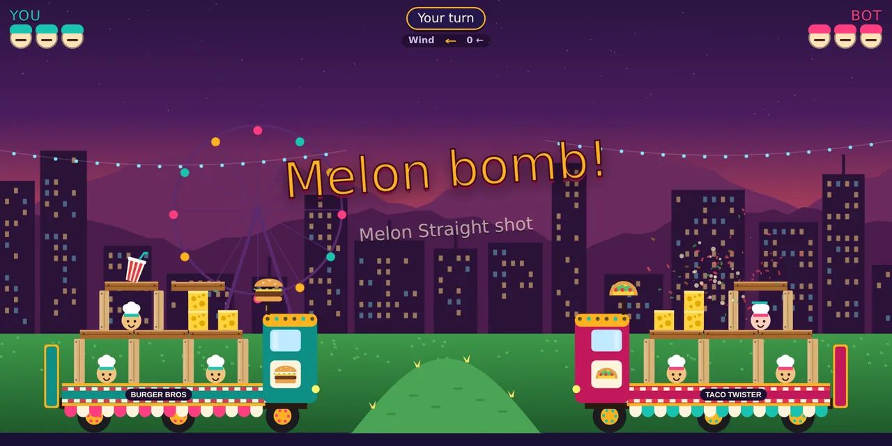 Lunch Siege gameplay: melon explosion on the Taco Twister truck